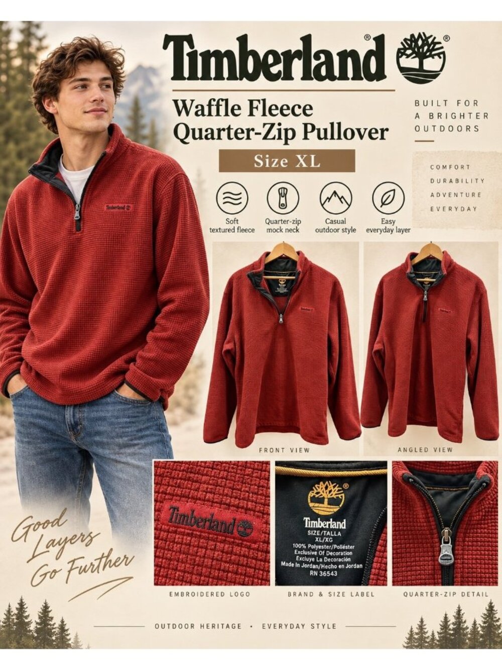 Timberland Waffle Fleece QuaTimberland Waffle Fleece Quarter-Zip Pullover XL Red